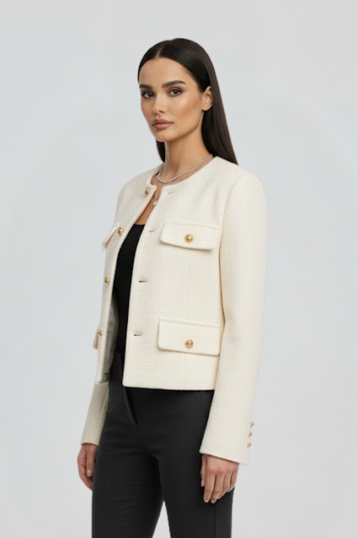 Women's Cropped Jacket with Button Front and Four Flap Pockets | Textured Round Neck Outerwear | Size XS-L