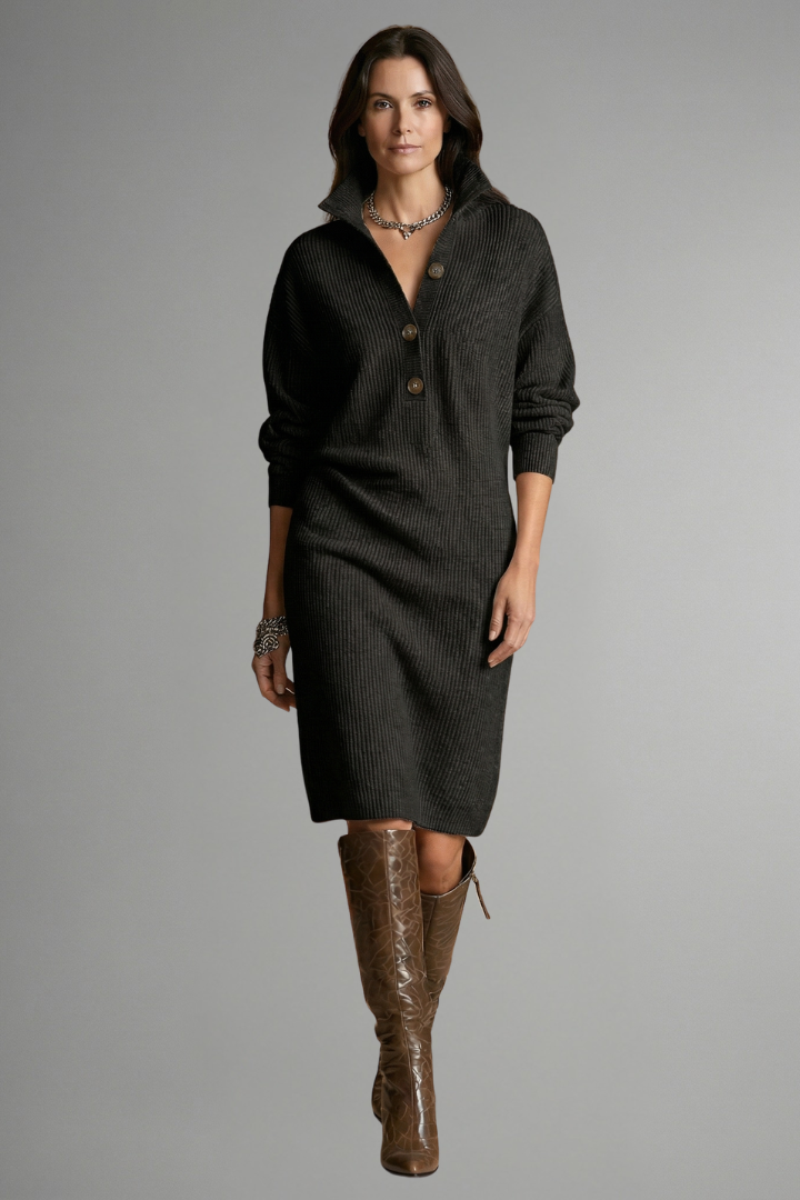 Women's Ribbed Knit Sweater Dress with Button Placket | Knee Length Long Sleeve Crew Neck Style | Size S-3XL