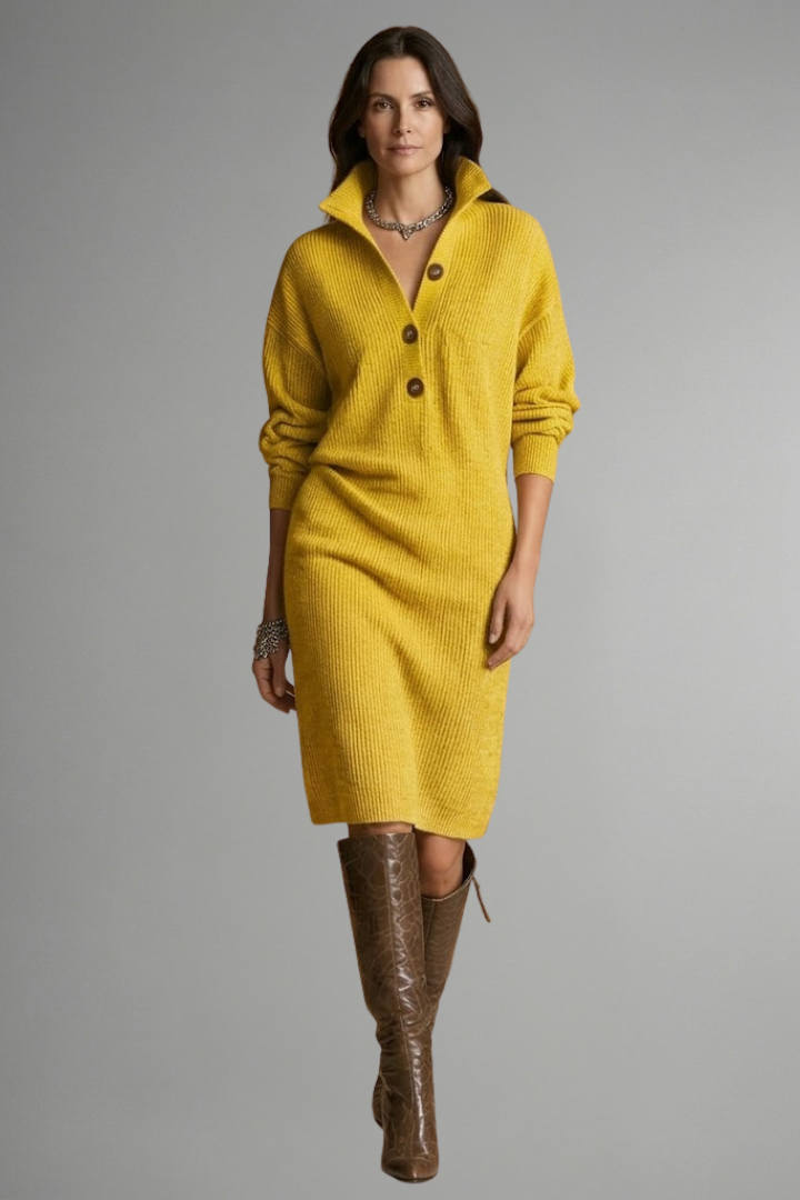 Women's Ribbed Knit Sweater Dress with Button Placket | Knee Length Long Sleeve Crew Neck Style | Size S-3XL