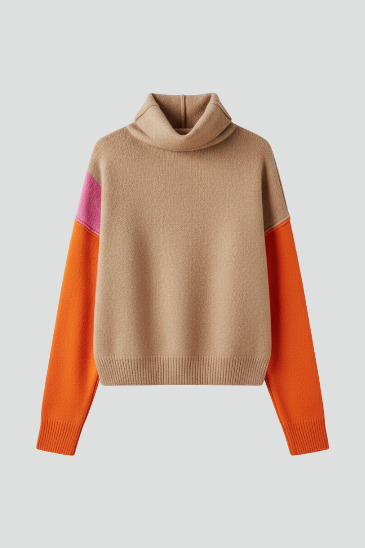 Women's Light Brown High Neck Sweater with Ribbed Cuffs | Loose Fit Textured Knit Pullover with Straight Hem | Size S-XL