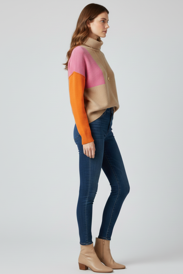 Women's Light Brown High Neck Sweater with Ribbed Cuffs | Loose Fit Textured Knit Pullover with Straight Hem | Size S-XL