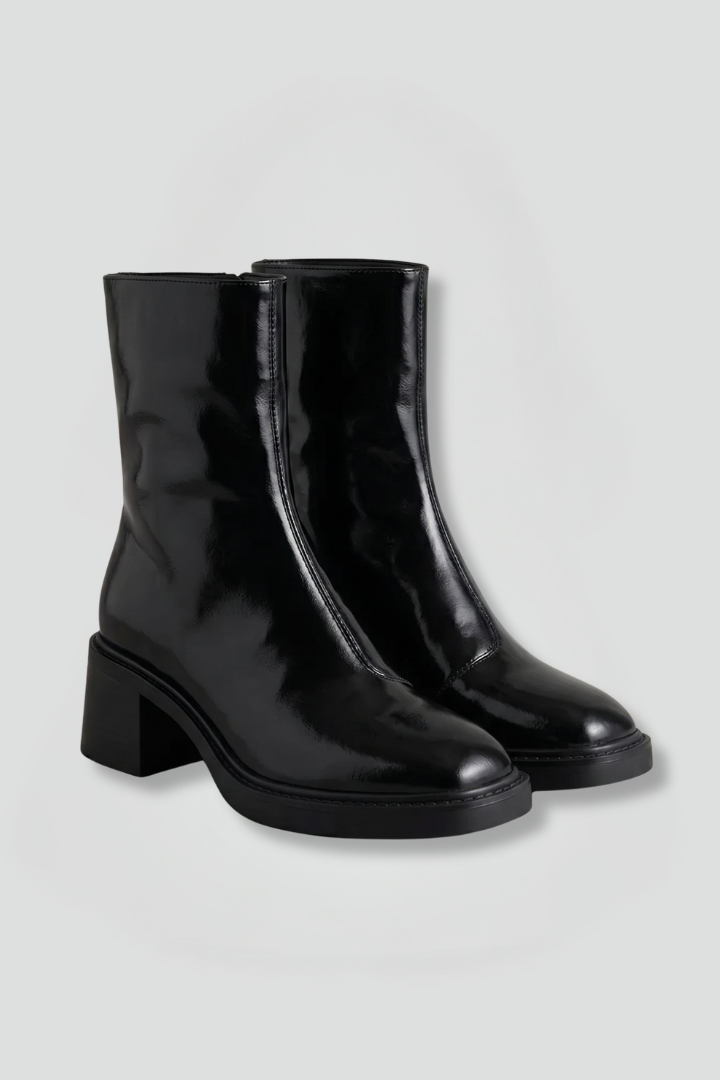 Women's Leather Ankle Boots with Block Heel and Square Toe | Glossy Black or Brown Booties with Side Zipper | Size 5-9