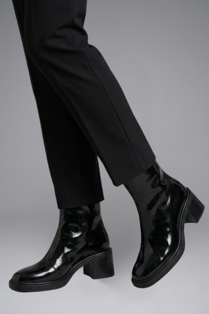 Women's Leather Ankle Boots with Block Heel and Square Toe | Glossy Black or Brown Booties with Side Zipper | Size 5-9