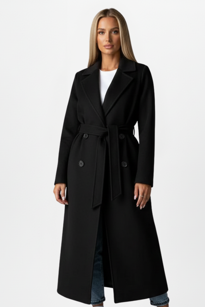Women's Long Double Breasted Winter Coat with Belt | Clean Silhouette Overcoat for Everyday Wear | Size S-2XL