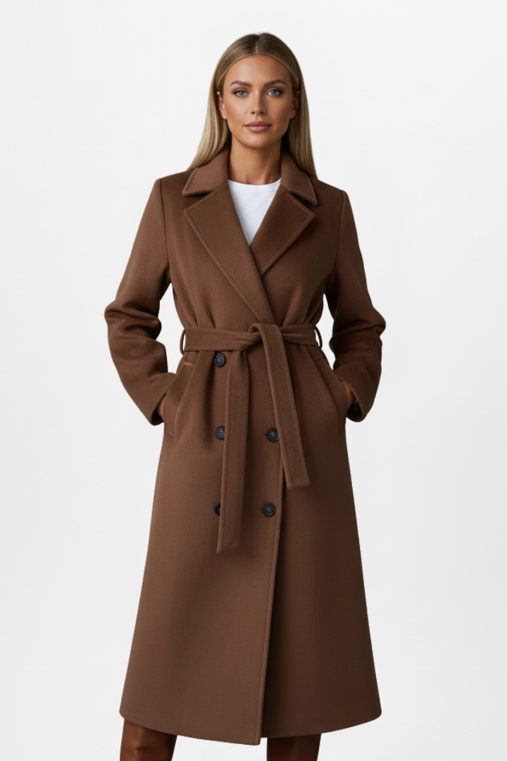 Women's Long Double Breasted Winter Coat with Belt | Clean Silhouette Overcoat for Everyday Wear | Size S-2XL