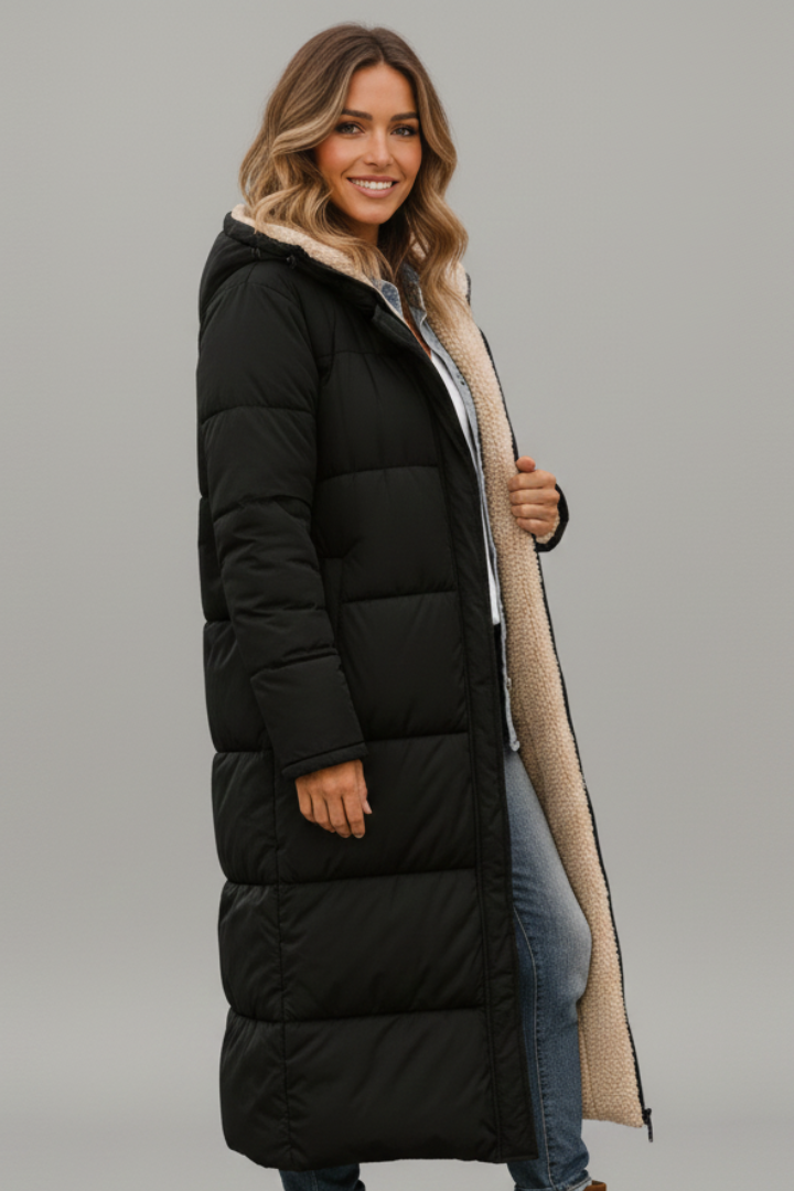 Women's Long Quilted Coat with Hood and Full Zip | Lined Winter Overcoat with Side Pockets | Size S-5XL