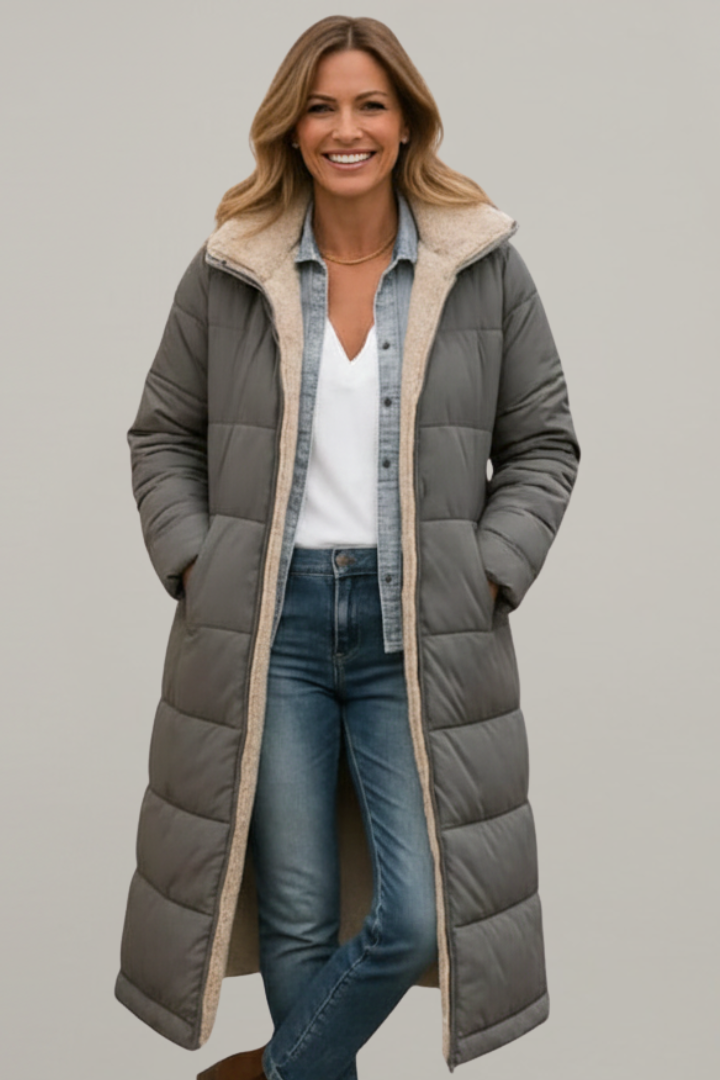 Women's Long Quilted Coat with Hood and Full Zip | Lined Winter Overcoat with Side Pockets | Size S-5XL