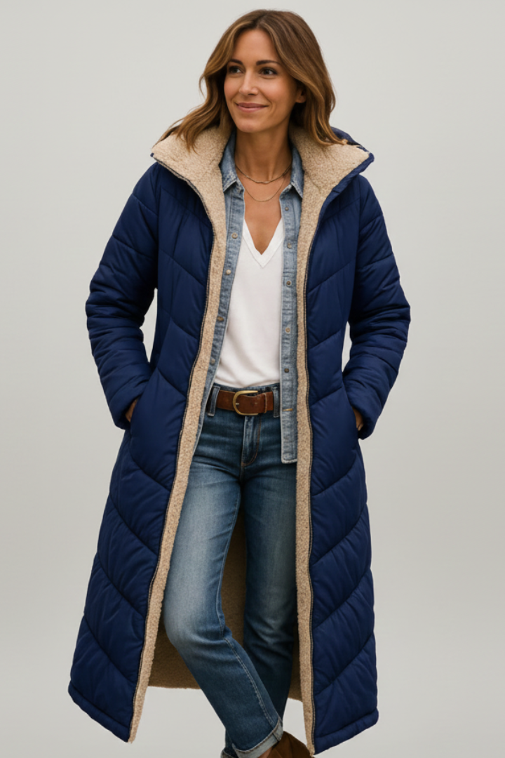Women's Long Quilted Coat with Hood and Full Zip | Lined Winter Overcoat with Side Pockets | Size S-5XL