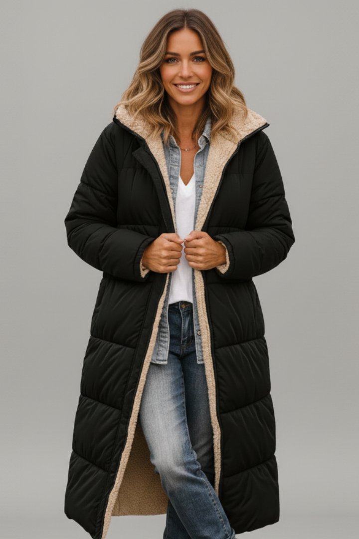 Women's Long Quilted Coat with Hood and Full Zip | Lined Winter Overcoat with Side Pockets | Size S-5XL