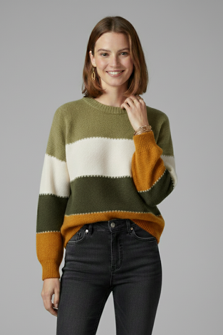 Women's Striped Crew Neck Sweater with Ribbed Cuffs | Textured Knit Pullover in Straight Cut | Size S-5XL