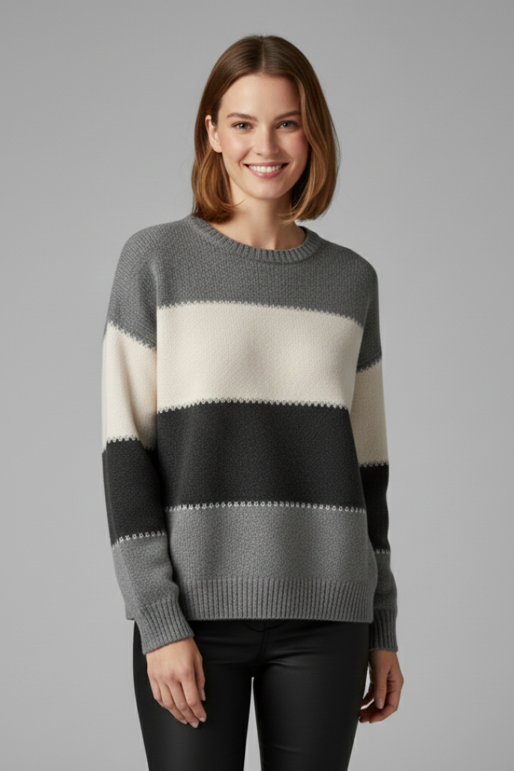 Women's Striped Crew Neck Sweater with Ribbed Cuffs | Textured Knit Pullover in Straight Cut | Size S-5XL