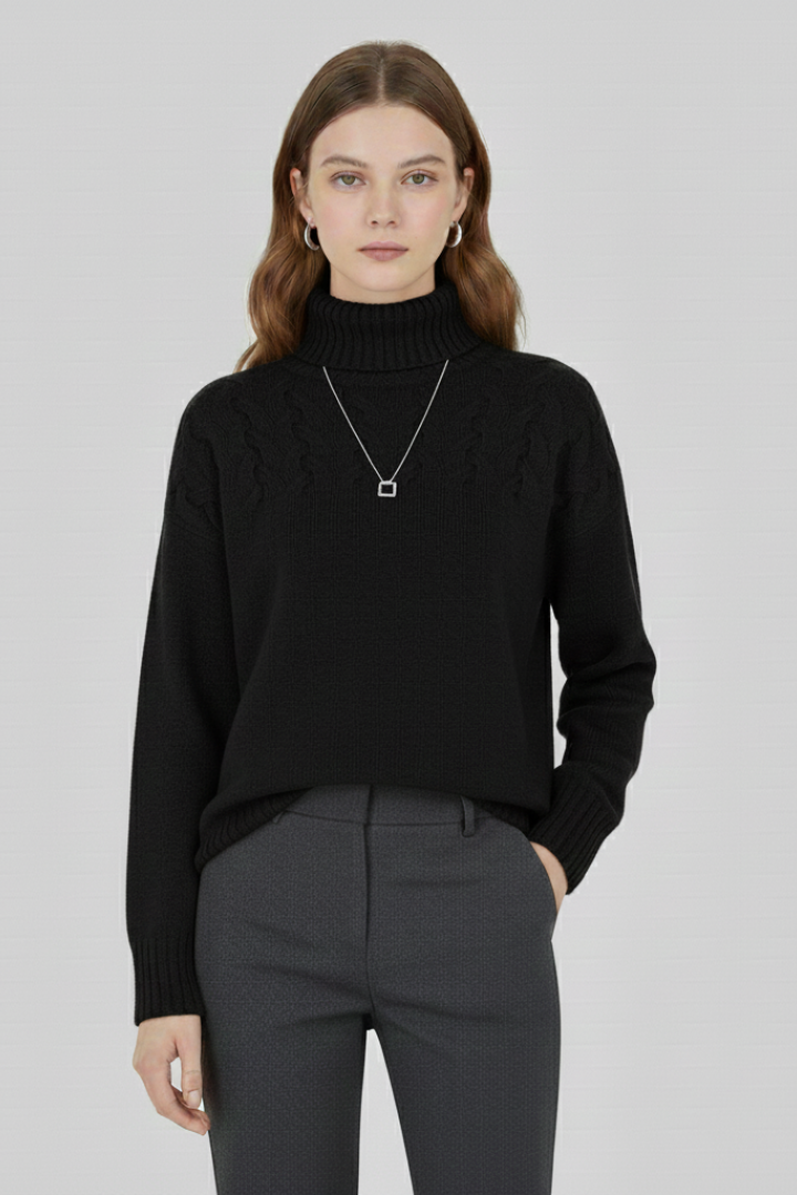 Women's Cable Knit Turtleneck Sweater with Ribbed Hem and Cuffs | Long Sleeve Textured Pullover | Size S-5XL