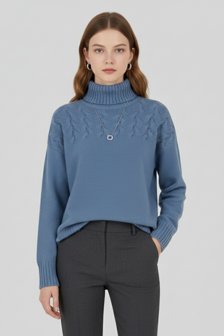 Women's Cable Knit Turtleneck Sweater with Ribbed Hem and Cuffs | Long Sleeve Textured Pullover | Size S-5XL