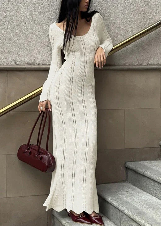 Women's Maxi Knit Dress with Open Stitch Panels | Scoop Neck Bodycon Shape, Long Sleeves | Sizes S-XL in White