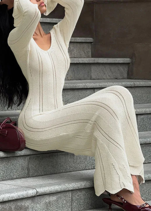 Women's Maxi Knit Dress with Open Stitch Panels | Scoop Neck Bodycon Shape, Long Sleeves | Sizes S-XL in White