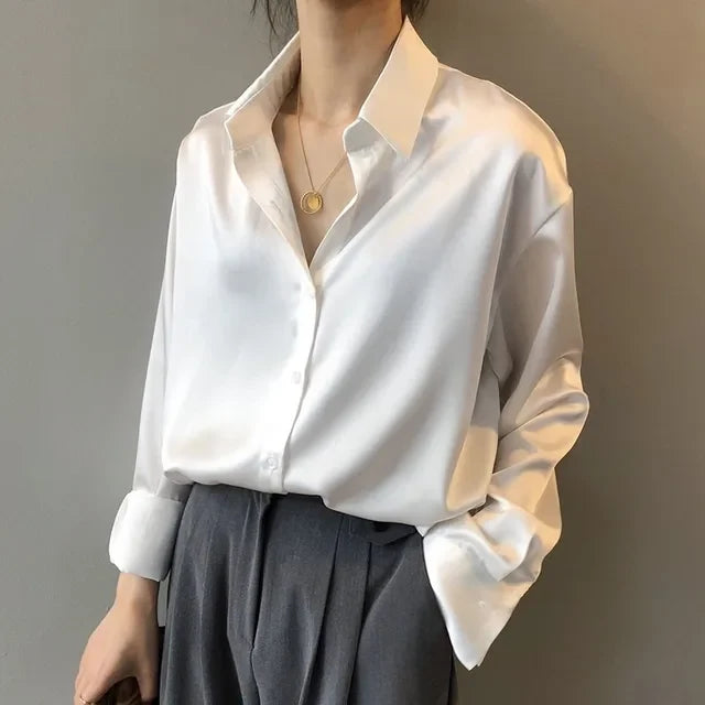 Women's Fluid Satin Blouse with Structured Collar | Long Sleeve, Fitted Cuffs | Sizes S to 2XL, 3 Colors