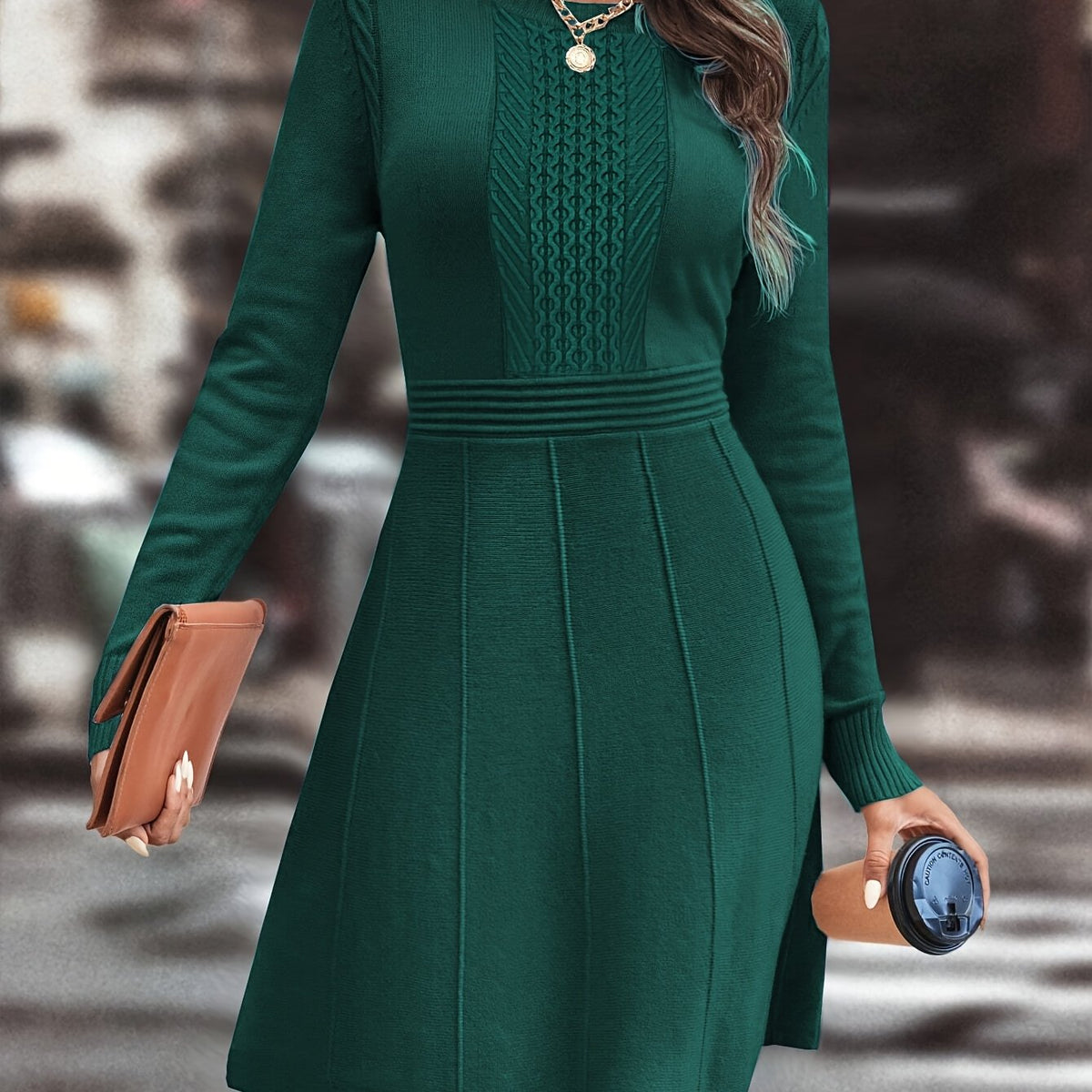 Women's A Line Sweater Dress with Fitted Waist | Cable and Ribbed Detail, Round Neck | Sizes S-2XL in Dark Green