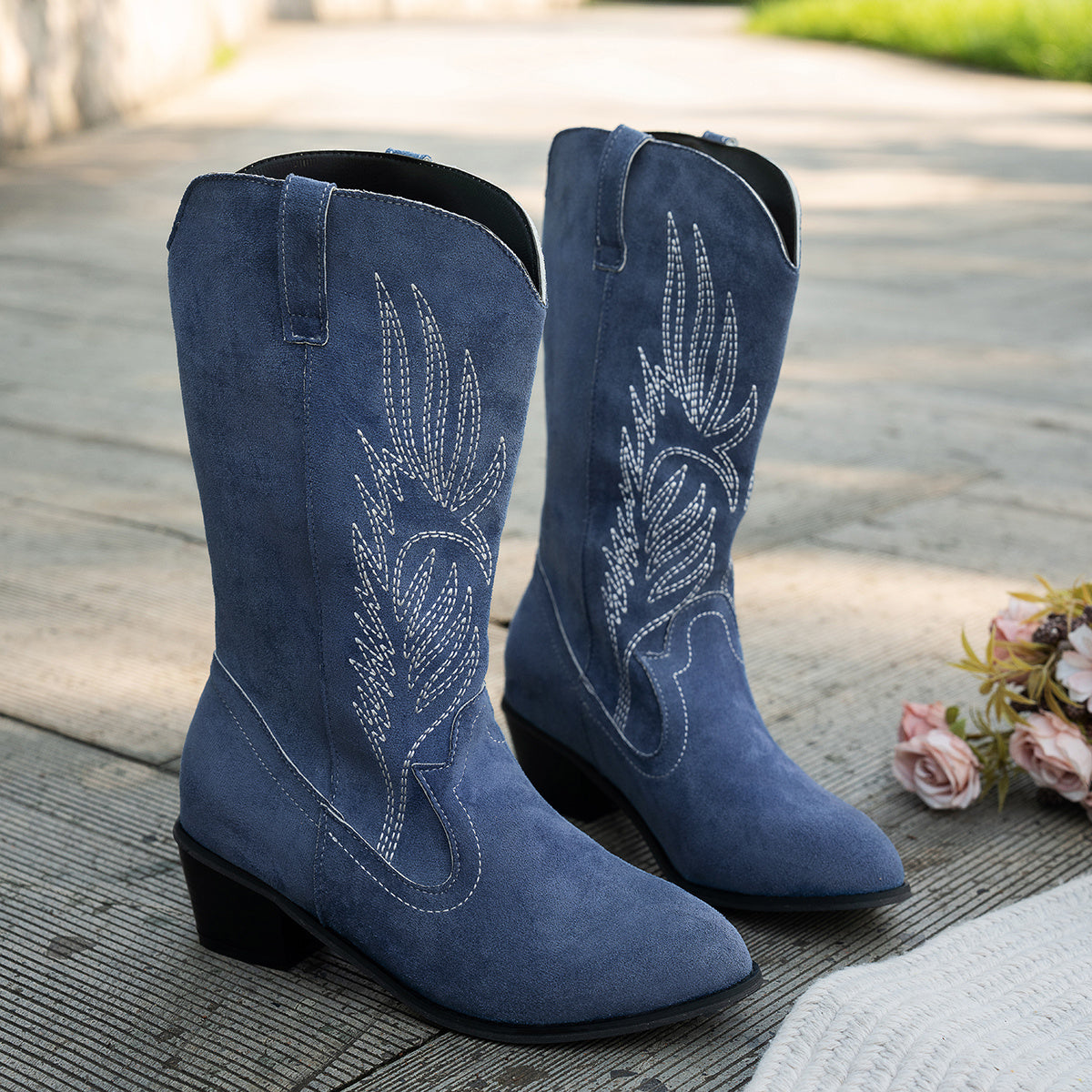 Women's Wide Calf Western Cowboy Boots | Contrast Stitching, Stacked Block Heel, Pointed Toe | US 5.5-12 | Navy Blue