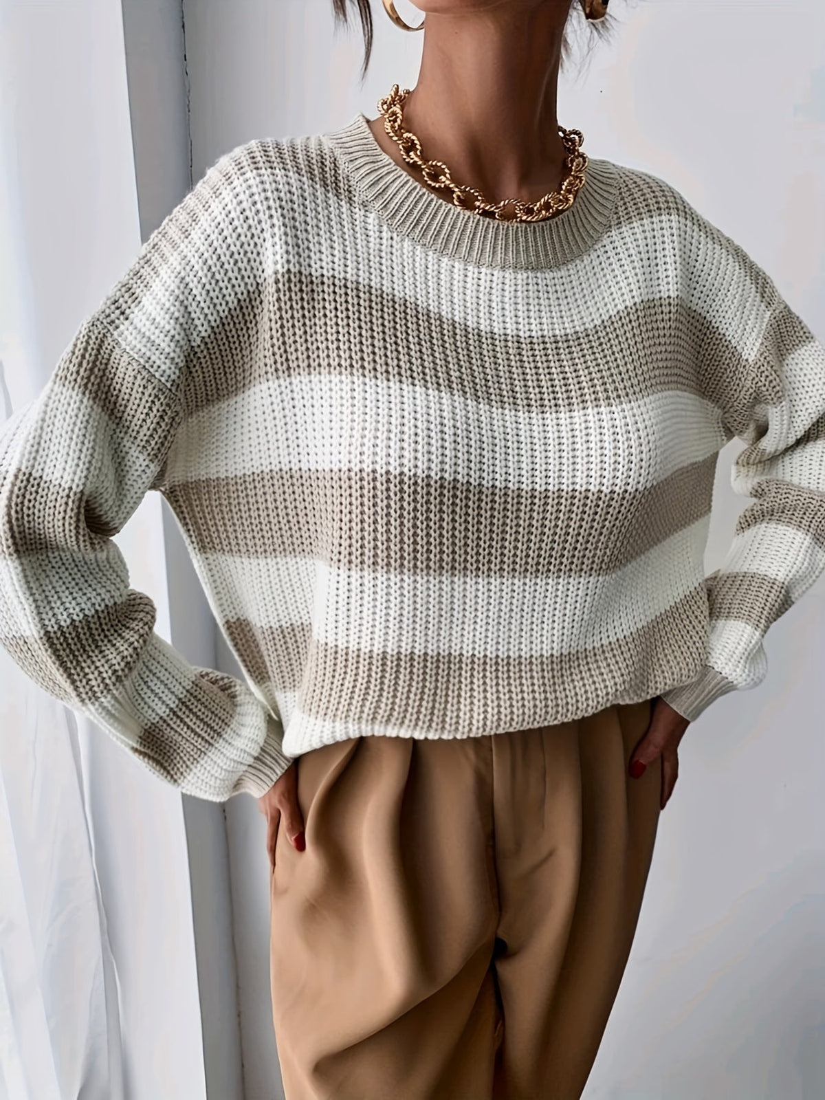 Women's Beige and White Striped Pullover Sweater | Soft, Warm Layer for Fall and Winter Cold Weather Days | Size S-L