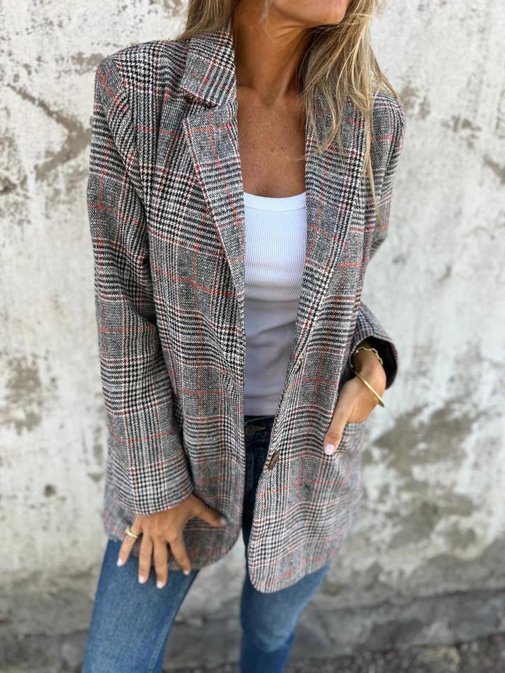 Women's Casual Plaid Cotton Blazer with Lapels and Long Sleeves | Everyday Jacket for Spring and Fall | Size S-5XL