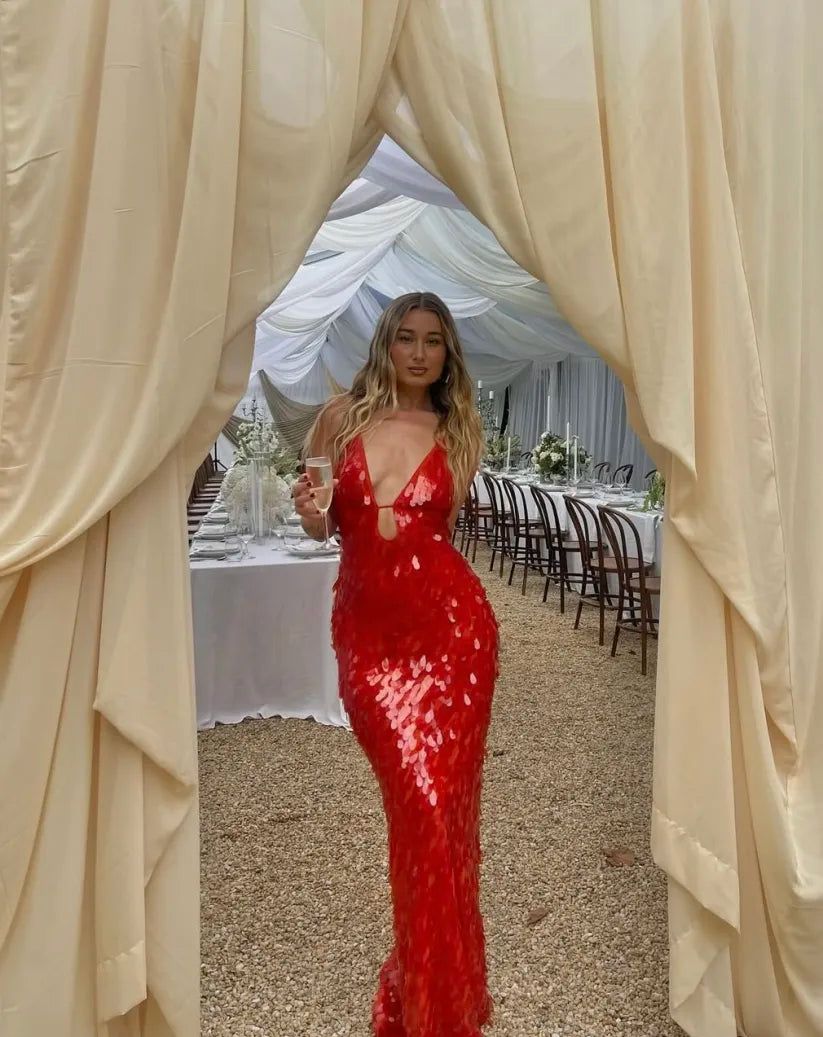 Women's Red Sequin Evening Dress with an Open Back | Light Fabric in a Fitted, Fluid Line | Size S-L