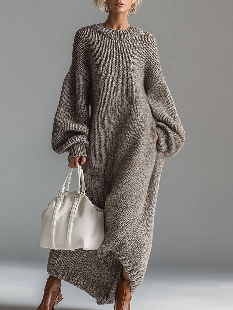 Women's Oversized Knit Sweater Maxi Dress | Chunky Ribbed Knit, Balloon Sleeves, Ankle-Grazing Length | 4 Colors