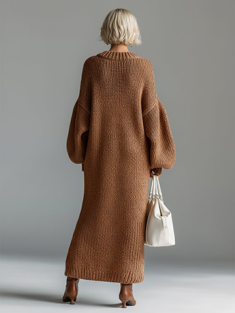 Women's Oversized Knit Sweater Maxi Dress | Chunky Ribbed Knit, Balloon Sleeves, Ankle-Grazing Length | 4 Colors