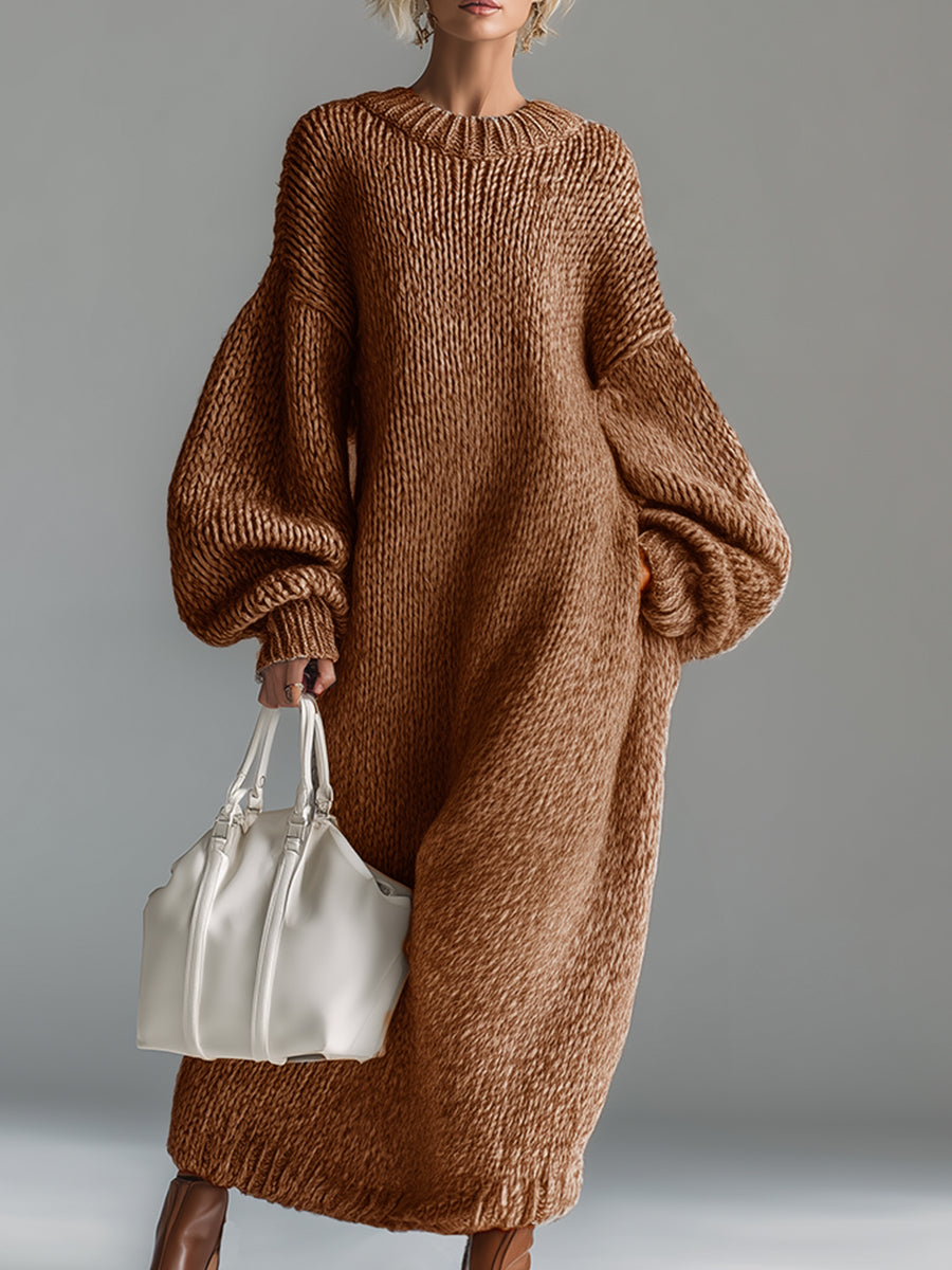 Women's Oversized Knit Sweater Maxi Dress | Chunky Ribbed Knit, Balloon Sleeves, Ankle-Grazing Length | 4 Colors