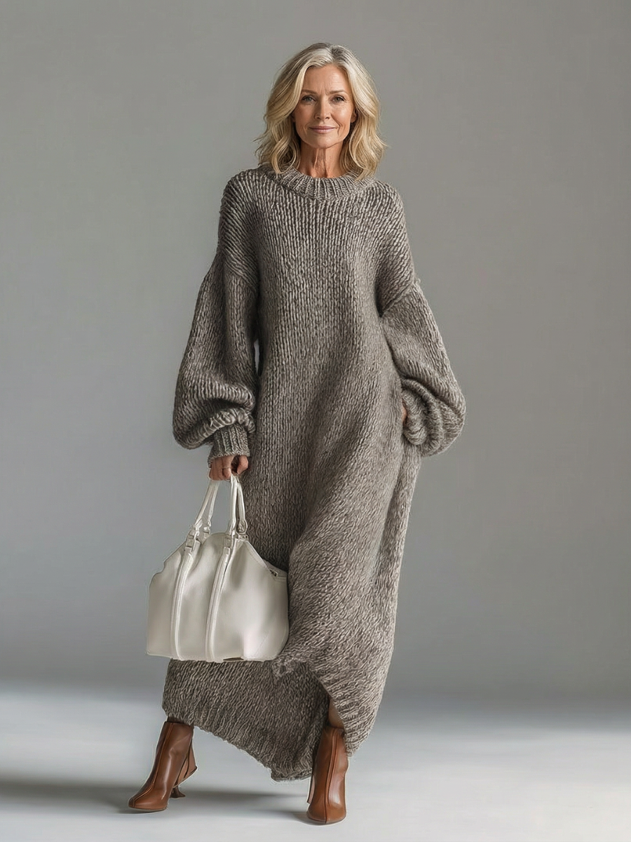 Women's Oversized Knit Sweater Maxi Dress | Chunky Ribbed Knit, Balloon Sleeves, Ankle-Grazing Length | 4 Colors