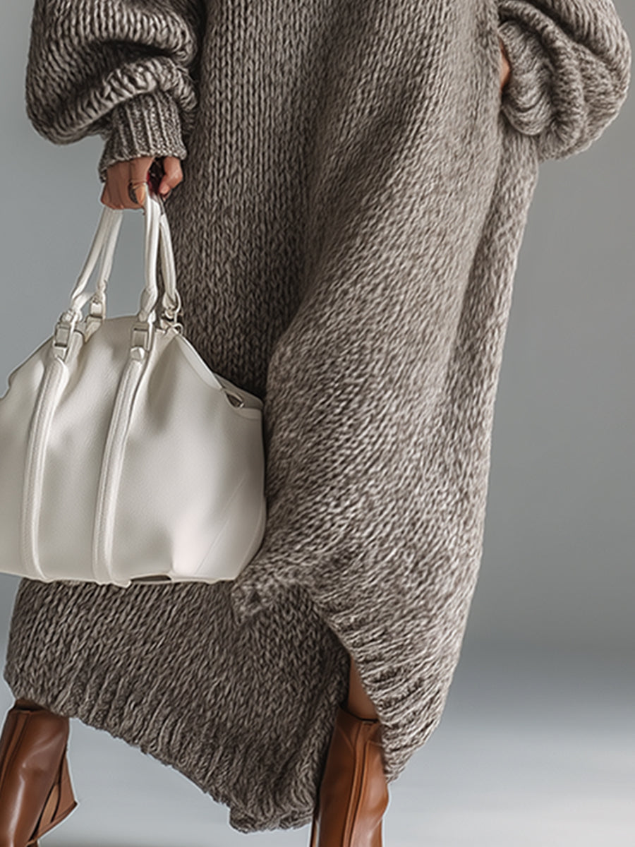 Women's Oversized Knit Sweater Maxi Dress | Chunky Ribbed Knit, Balloon Sleeves, Ankle-Grazing Length | 4 Colors