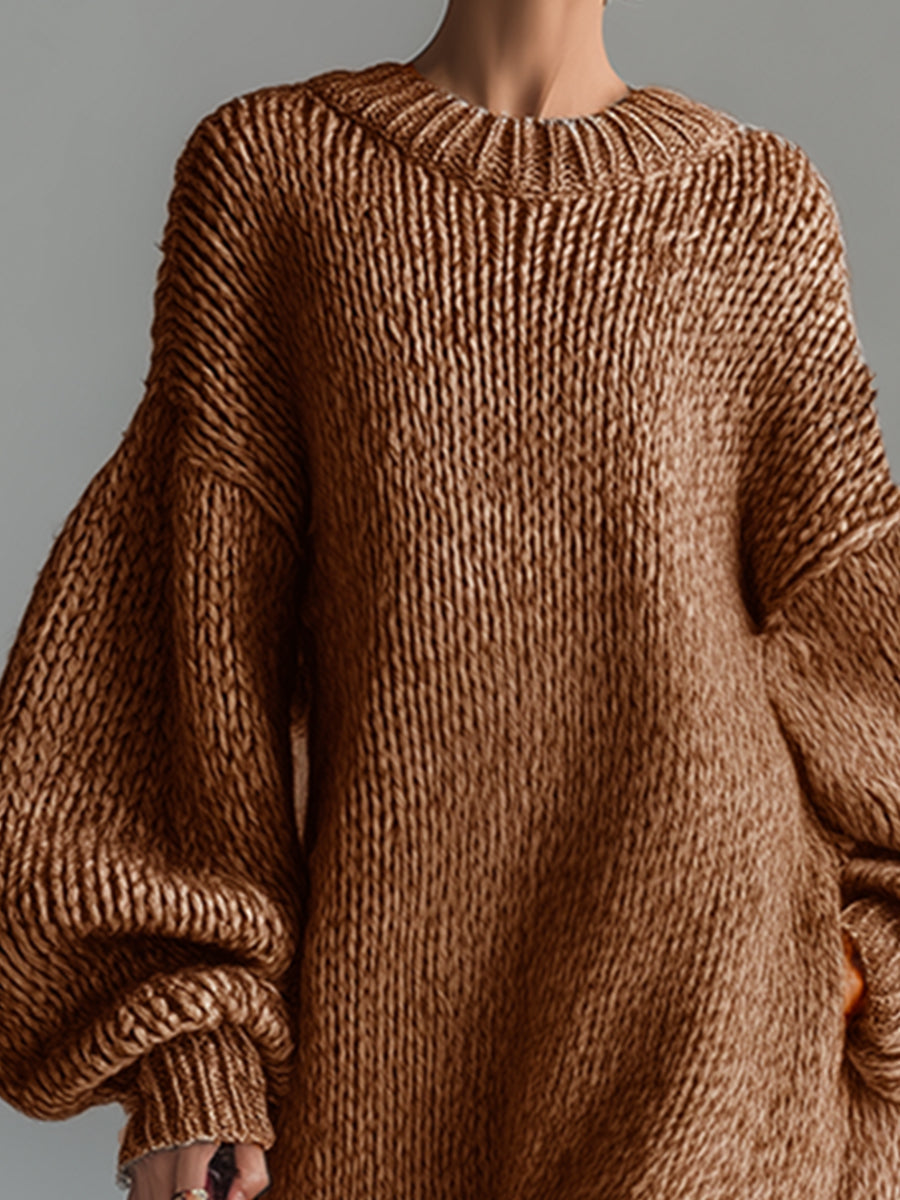 Women's Oversized Knit Sweater Maxi Dress | Chunky Ribbed Knit, Balloon Sleeves, Ankle-Grazing Length | 4 Colors