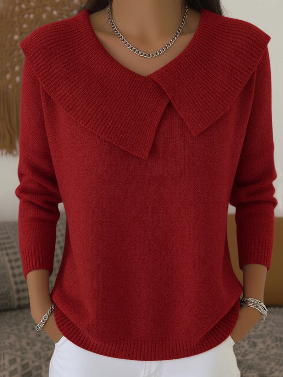 Women's Collared Knit Sweater | Wide Fold-Over Collar, Ribbed Cuffs and Hem, Relaxed Fit | Sizes S-3XL | 7 Colors