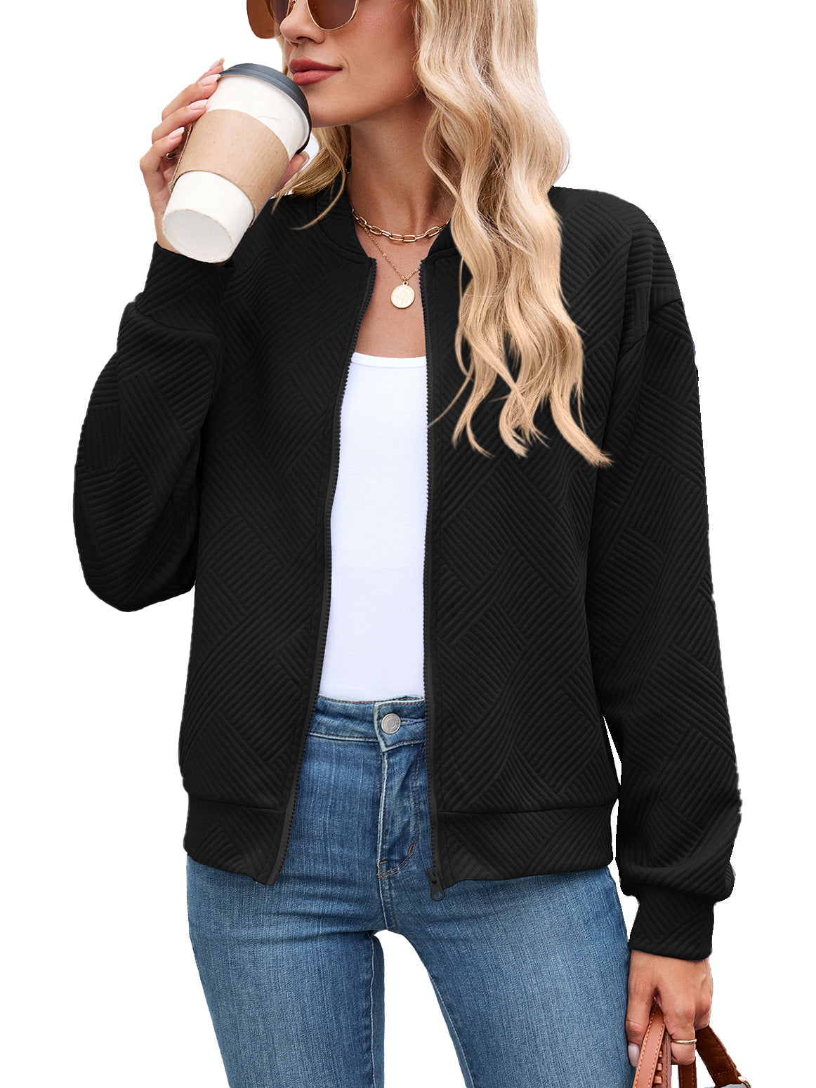 Women's Quilted Bomber Jacket with Stand Collar and Zip Front | Casual Fall Layer with Side Pockets | Size S-5XL