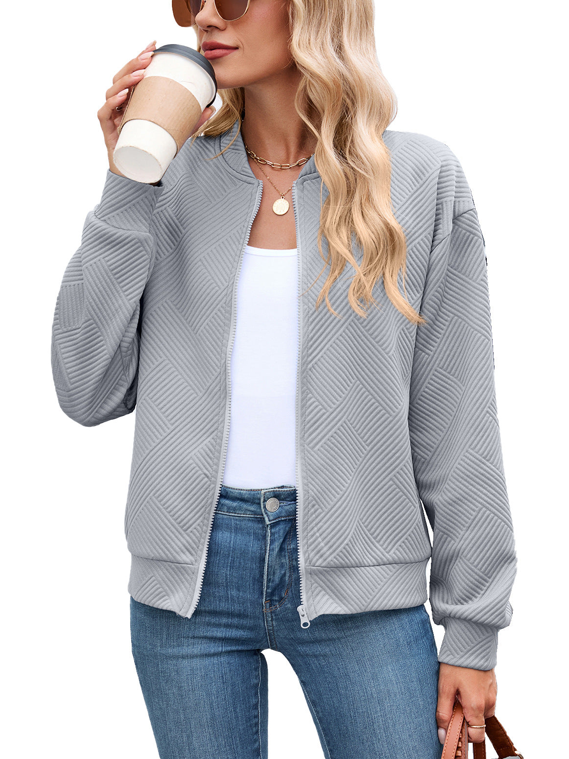 Women's Quilted Bomber Jacket with Stand Collar and Zip Front | Casual Fall Layer with Side Pockets | Size S-5XL
