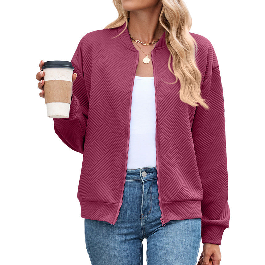 Women's Quilted Bomber Jacket with Stand Collar and Zip Front | Casual Fall Layer with Side Pockets | Size S-5XL