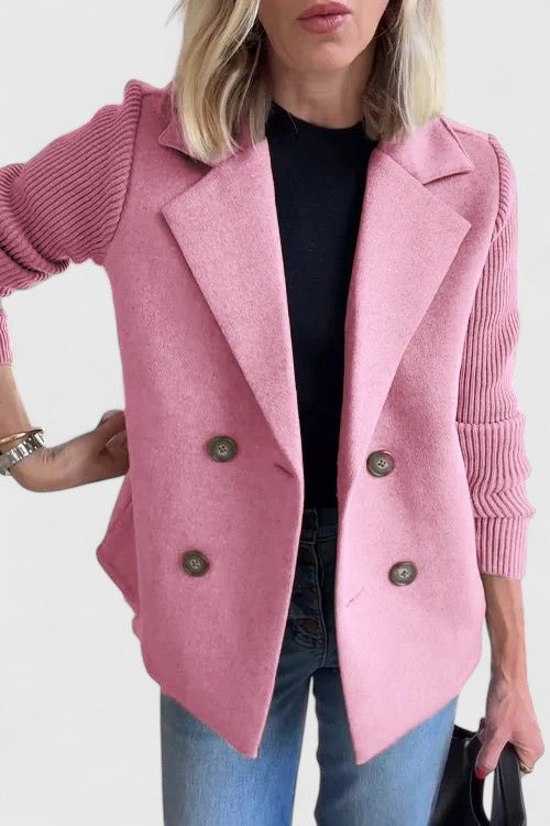 Women's Double-Breasted Tailored Blazer with Soft Contrast Sleeves | Fitted Ladies Jacket for Casual and Dressy Looks | Size XS-3XL