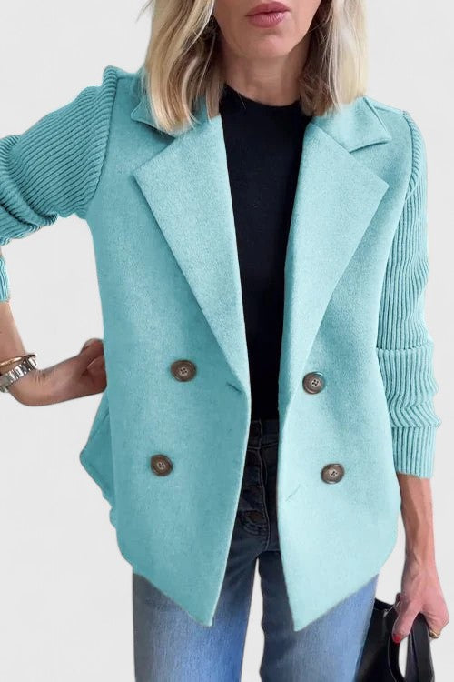 Women's Double-Breasted Tailored Blazer with Soft Contrast Sleeves | Fitted Ladies Jacket for Casual and Dressy Looks | Size XS-3XL