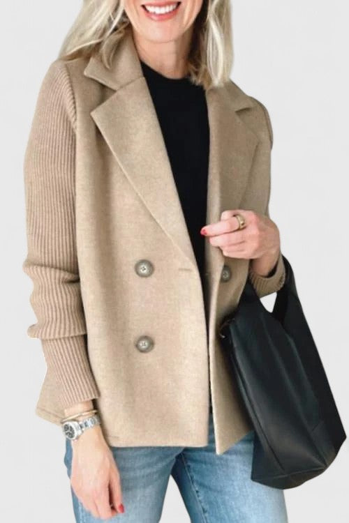 Women's Double-Breasted Tailored Blazer with Soft Contrast Sleeves | Fitted Ladies Jacket for Casual and Dressy Looks | Size XS-3XL