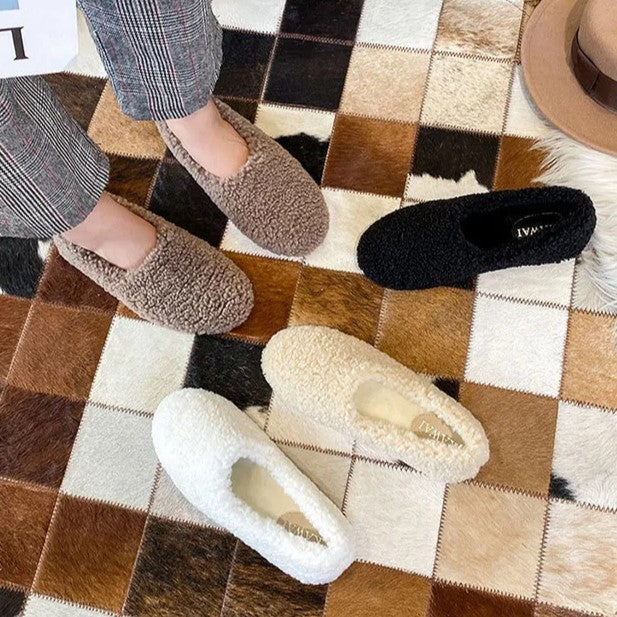 Women's Fuzzy Slippers in a Ballerina Shape | Teddy Lined Slip On Flats with a Rounded Toe | Sizes 5.5 to 11, 4 Colors