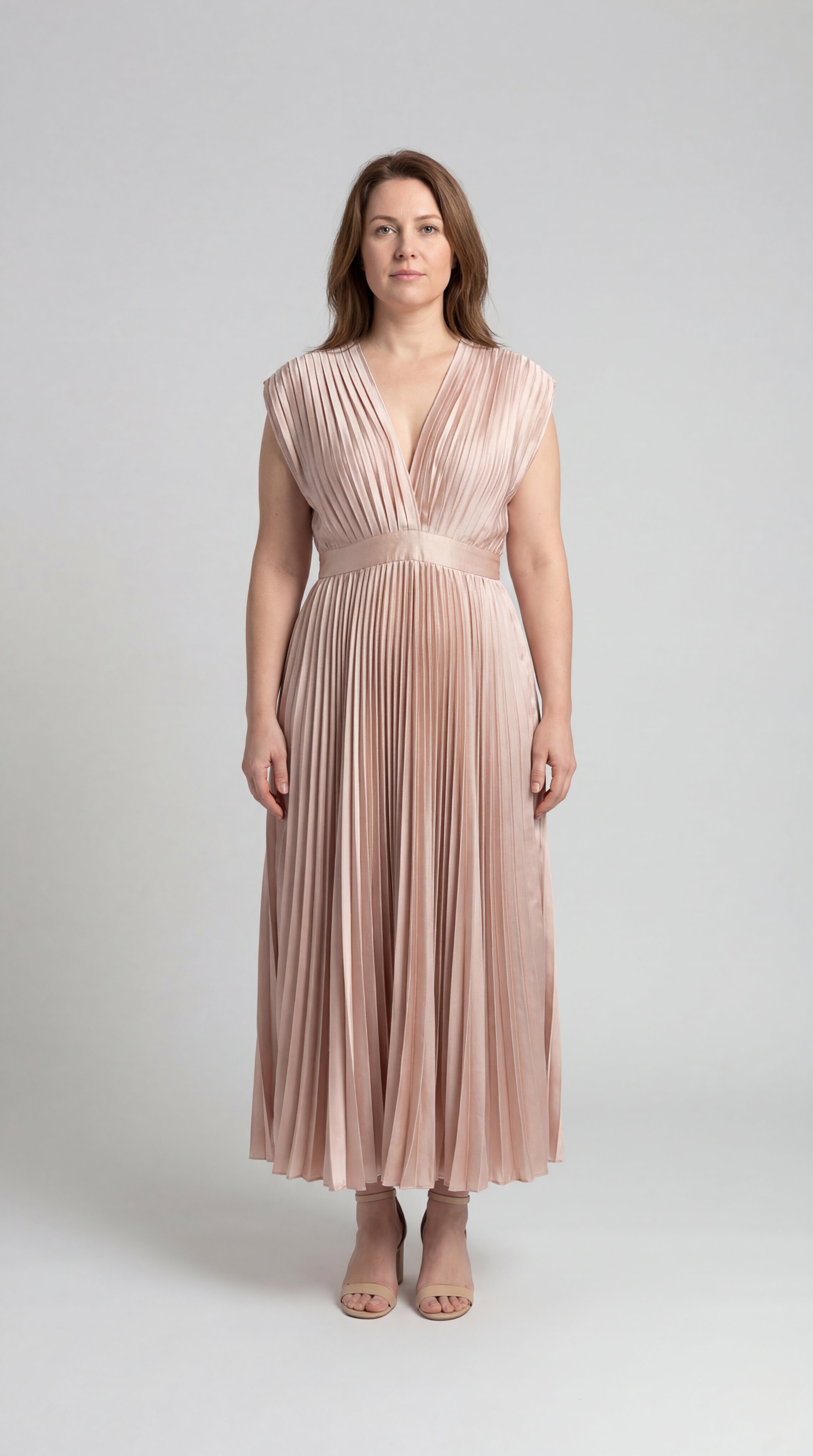 Pleated Midi Dress with Deep V-Neckline