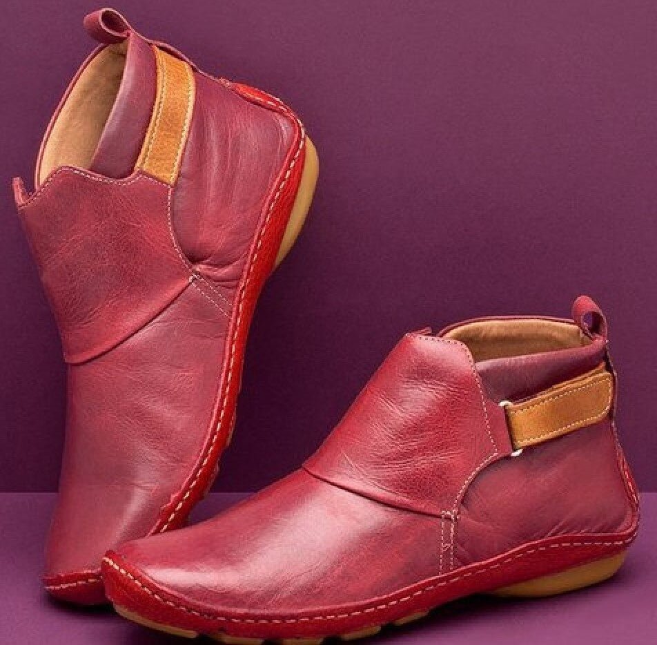 Women's Leather Ankle Boots with Adjustable Buckle | Flat Flexible Sole, Pull Tab at Back | Size 5.5-10.5, 5 Colors
