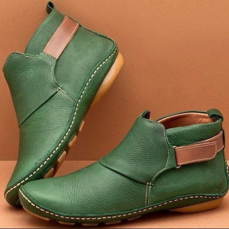 Women's Leather Ankle Boots with Adjustable Buckle | Flat Flexible Sole, Pull Tab at Back | Size 5.5-10.5, 5 Colors