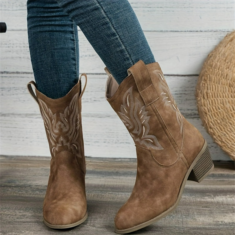 Women's Heeled Boots with Block Heel and Embroidery | Size 5.5-12 | Camel, Black, Beige