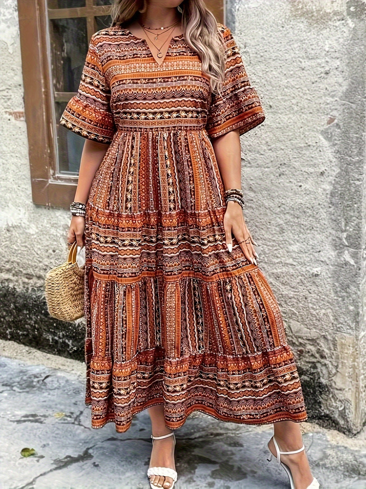 Women's Printed Boho Dress in Plus Sizes | Flowy Draped Line and a Breathable Lightweight Make | Size XL-4XL, 2 Colors