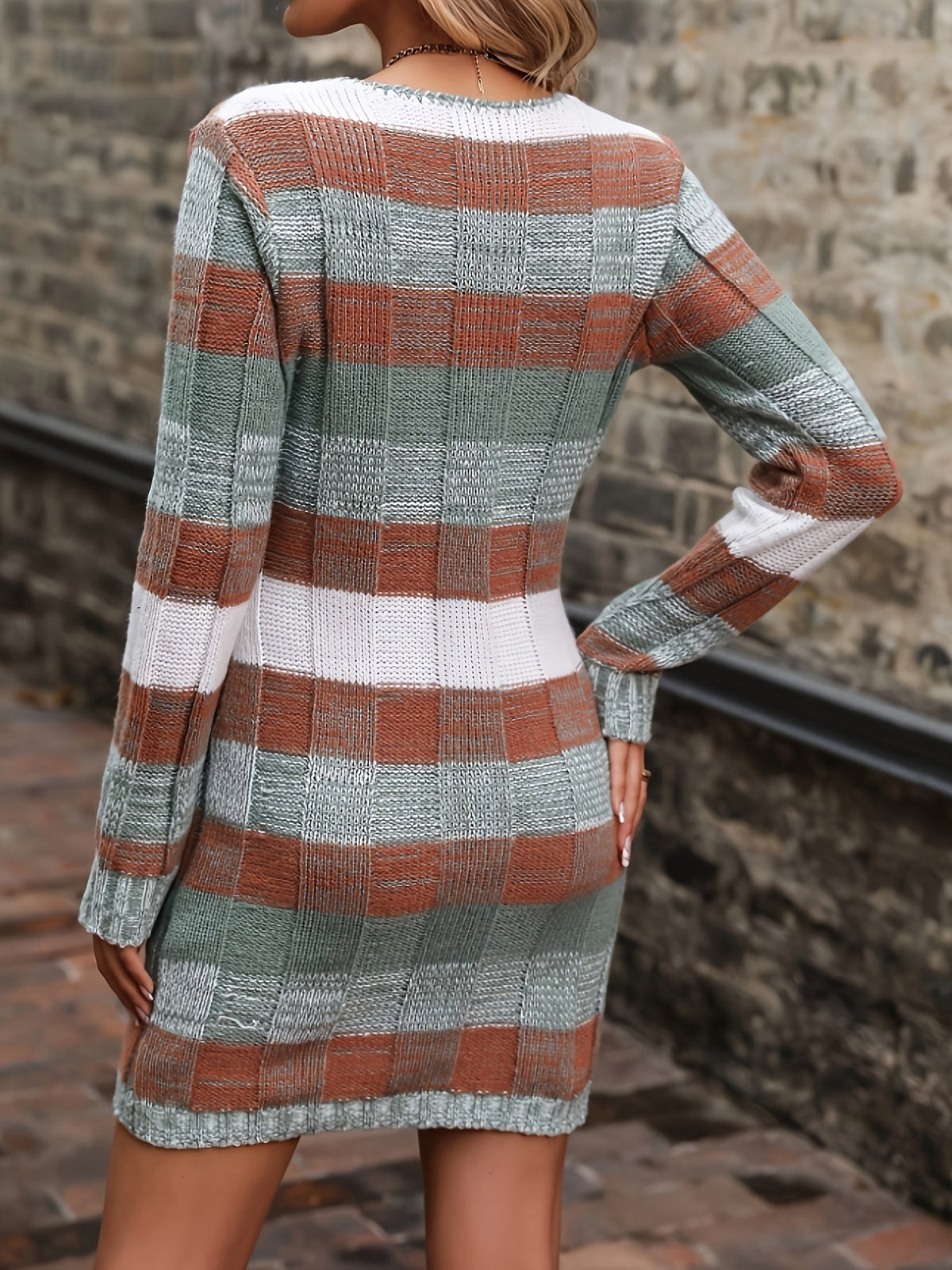 Women's V Neck Sweater Dress in Striped Block Knit | Long Sleeves, Soft Stretch, Above the Knee | Sizes S-2XL, 2 Colors