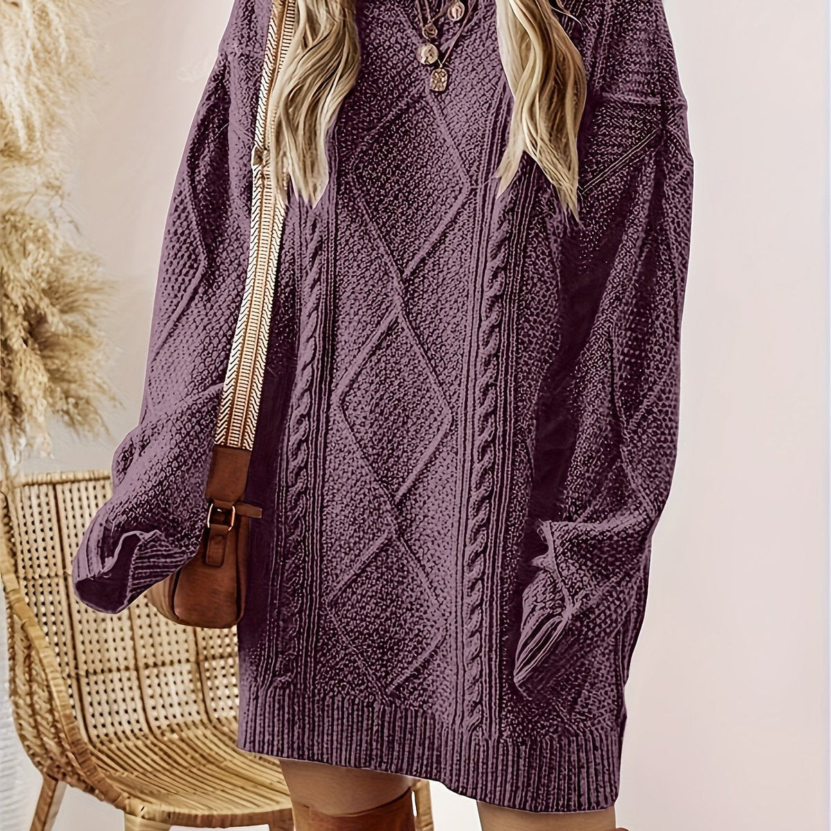 Women's Cable Knit Sweater Dress with Diamond Texture | Round Neck, Patch Pockets | Sizes S-2XL, 2 Colors