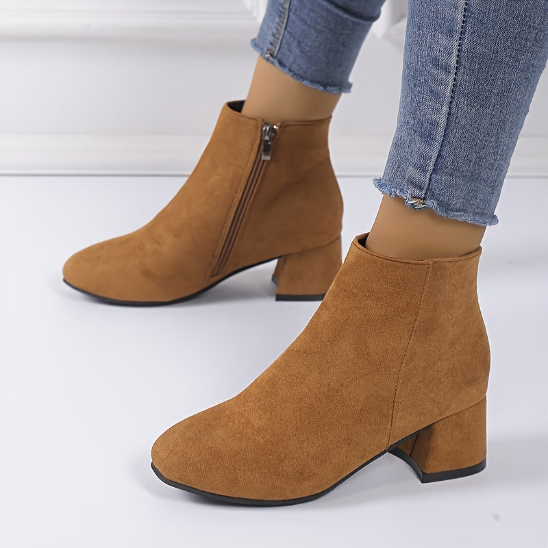 Women's Chelsea Ankle Boot | Low Block Heel, Side Zip, Round Toe, Suede-Look Finish | US 5.5-12 | 2 Colors