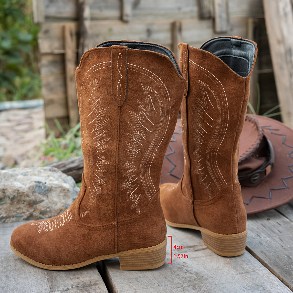 Women's Wide Calf Mid-Calf Western Boots | Embroidered Stitching, Round Toe, Roomy Shaft | US 5.5-12 | Light Brown