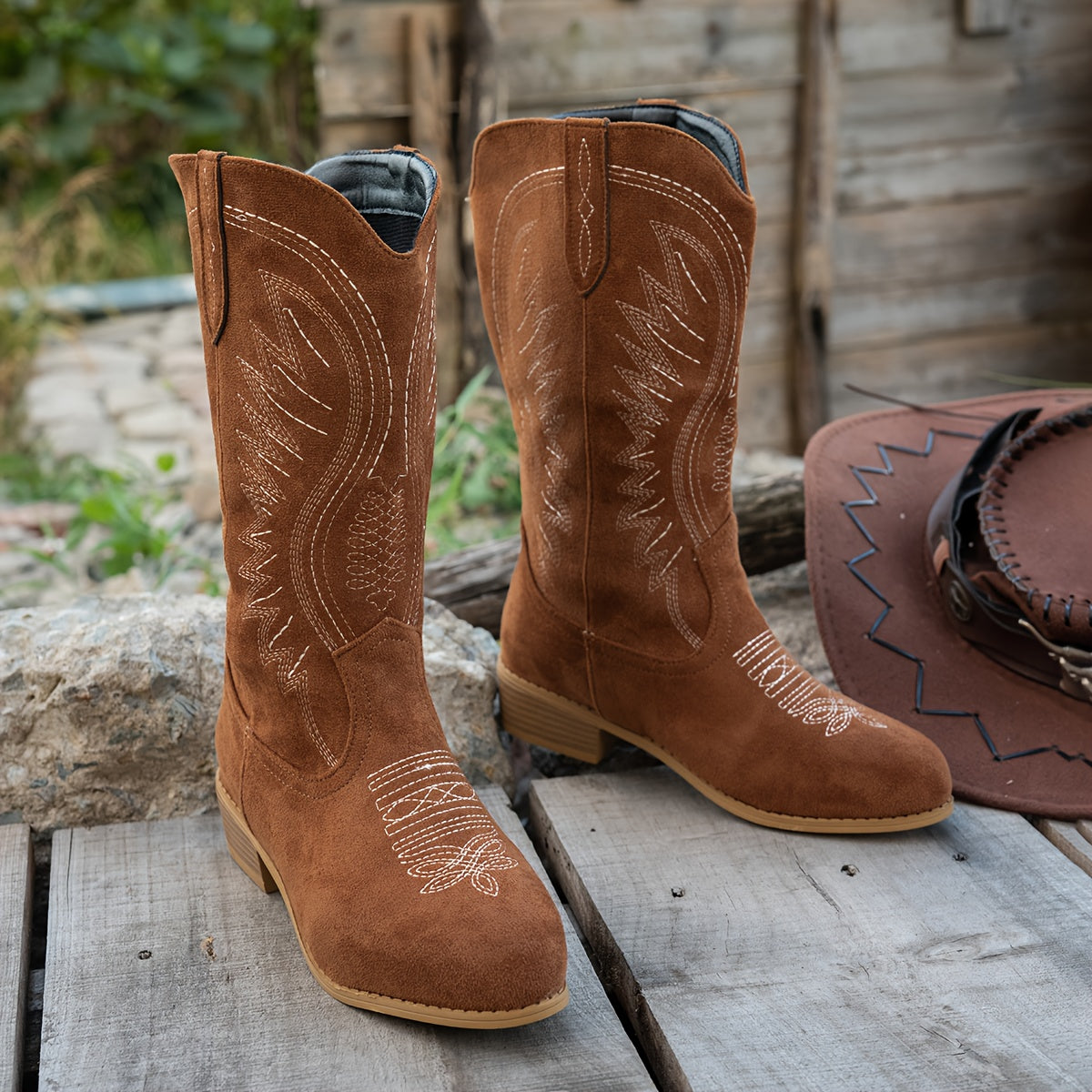 Women's Wide Calf Mid-Calf Western Boots | Embroidered Stitching, Round Toe, Roomy Shaft | US 5.5-12 | Light Brown