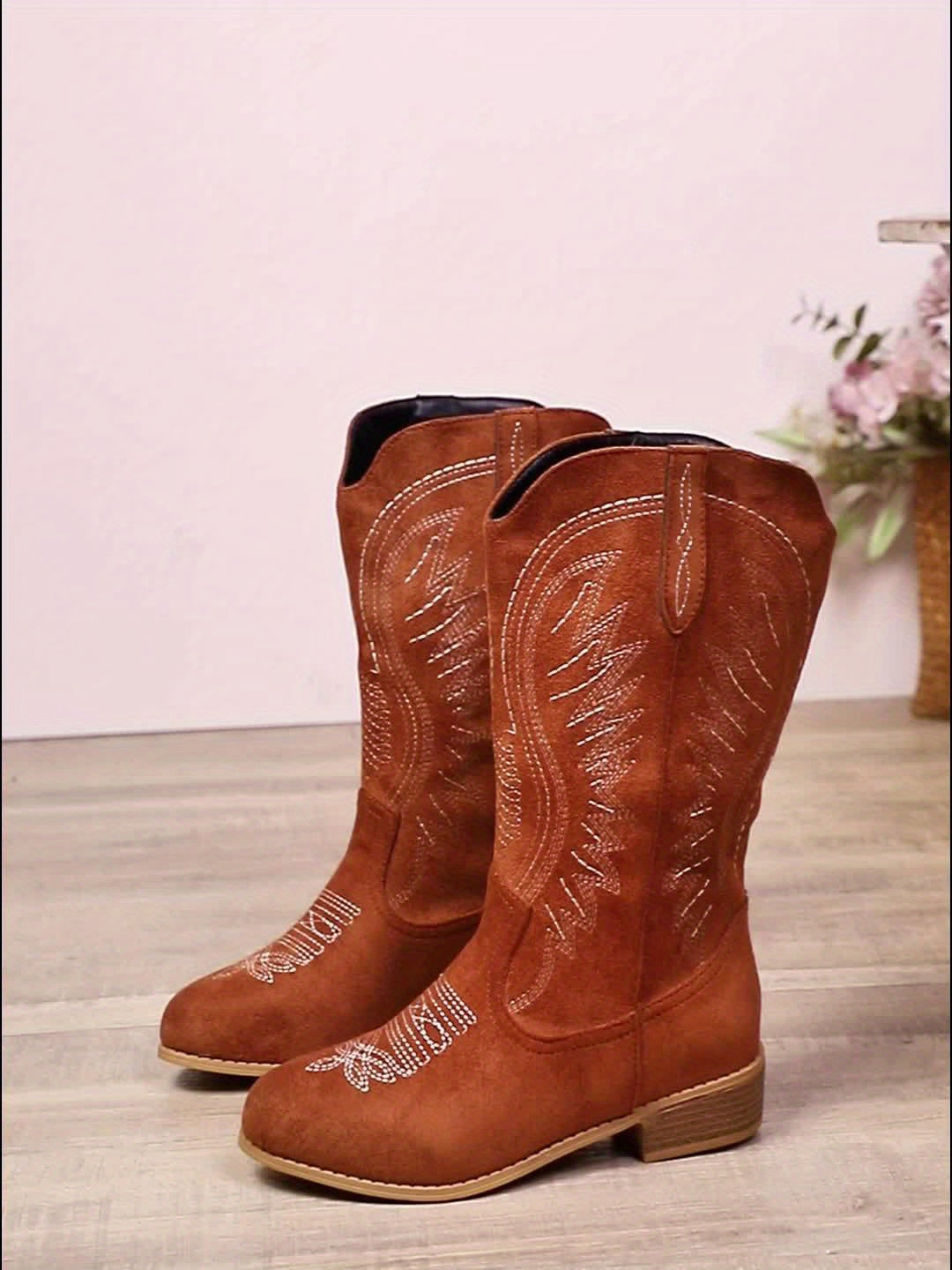 Women's Wide Calf Mid-Calf Western Boots | Embroidered Stitching, Round Toe, Roomy Shaft | US 5.5-12 | Light Brown